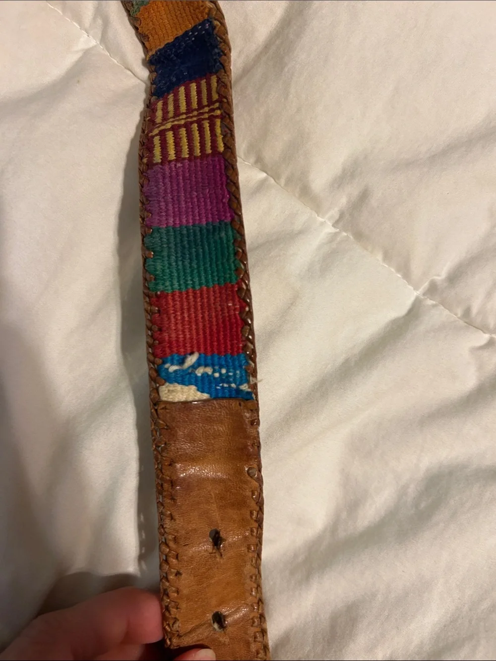 Vintage Mexico brown Leather Belt with Multicolor Woven Accent